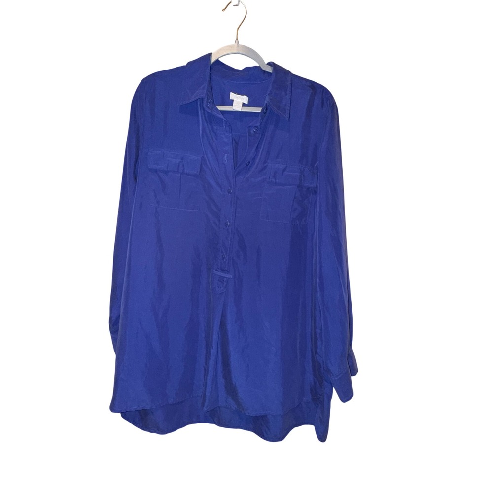 Chico's Tunic Shirt Size 2 Purple Long Sleeve Button Up Pocketed Blouse